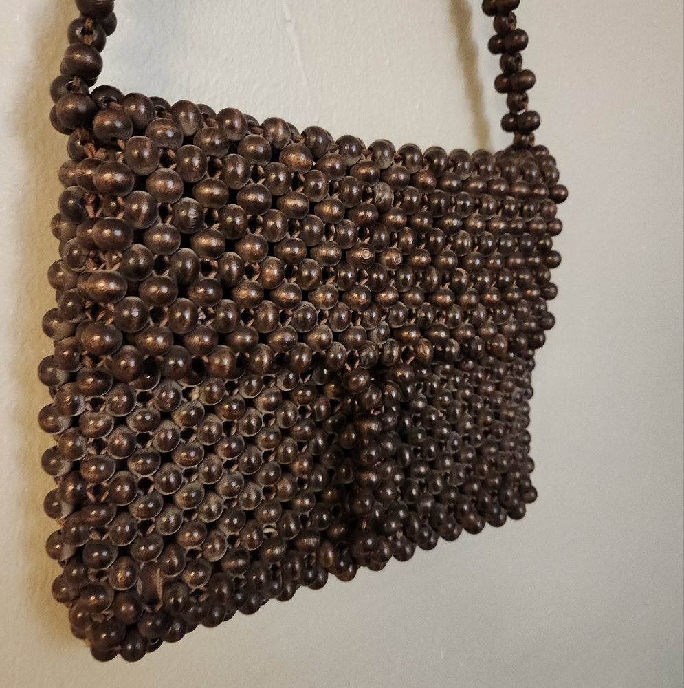 Vintage 1960s Wood Beaded Designer Bag By Walborg